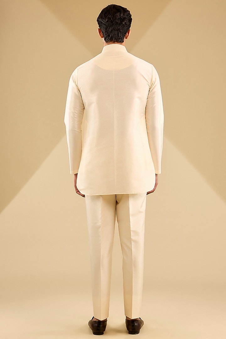 Fawn Cream Jacquard Silk Embroidered Bundi Jacket Set by Zoop Men at Pernia's Pop Up Shop