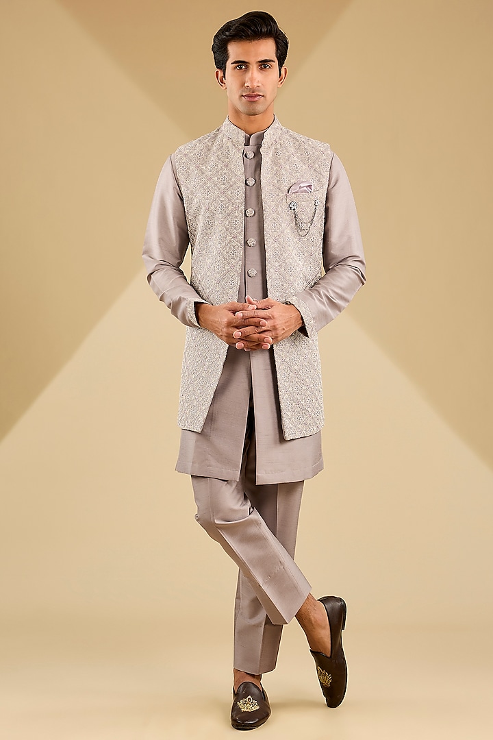 Mousse Grey Jacquard Silk Embroidered Indo-Western Jacket Set by Zoop Men at Pernia's Pop Up Shop