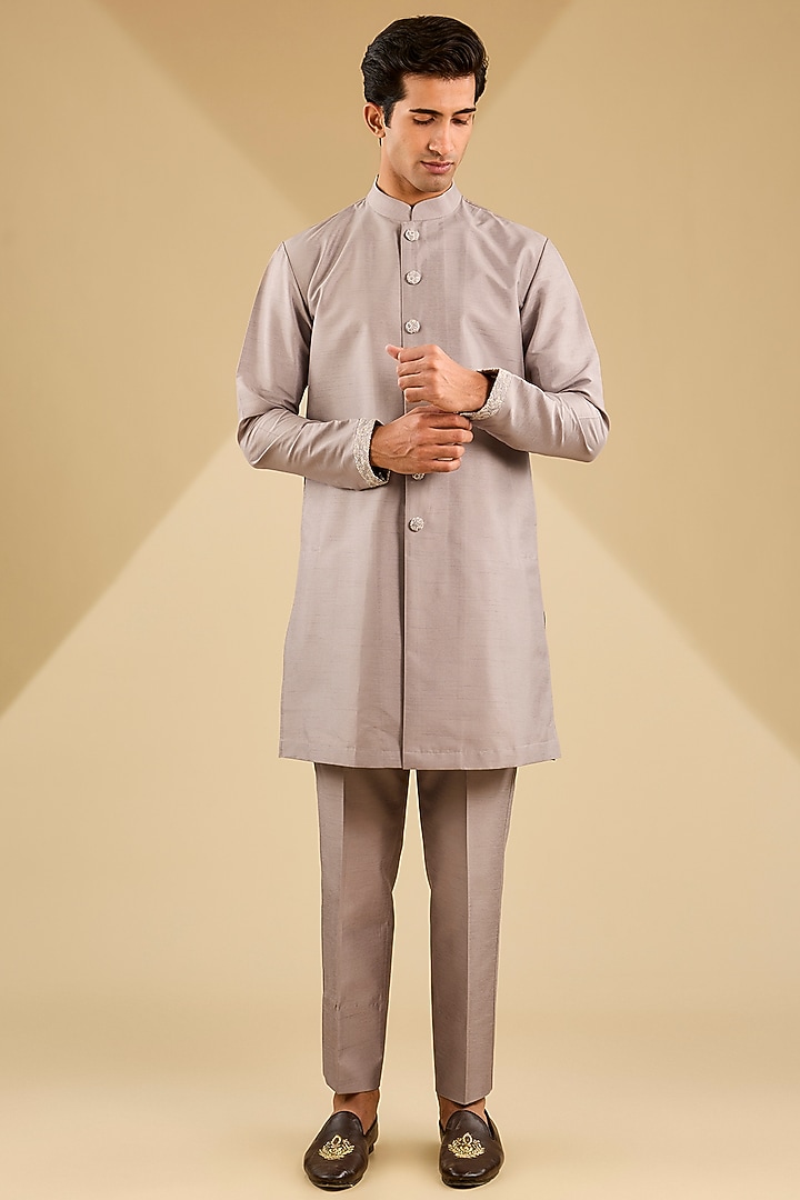 Mousse Grey Jacquard Silk Embroidered Indo-Western Jacket Set by Zoop Men at Pernia's Pop Up Shop