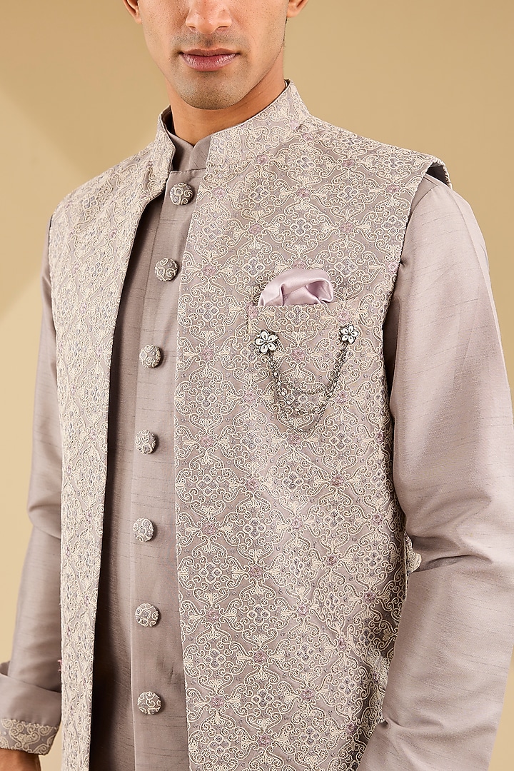 Mousse Grey Jacquard Silk Embroidered Indo-Western Jacket Set by Zoop Men at Pernia's Pop Up Shop