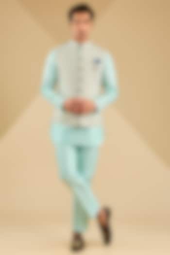 Aqua Blue Jacquard Embroidered Bundi Jacket Set by Zoop Men