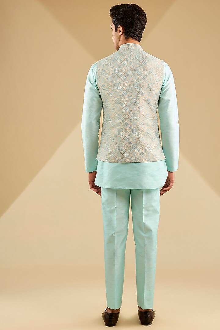 Aqua Blue Jacquard Embroidered Bundi Jacket Set by Zoop Men at Pernia's Pop Up Shop