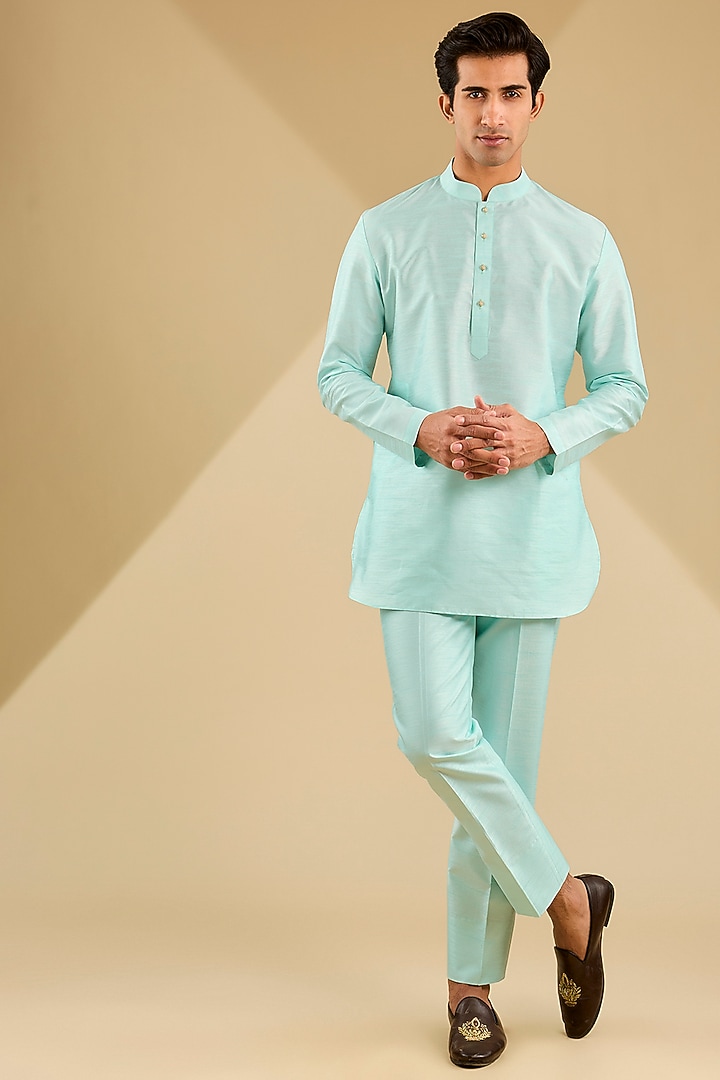 Aqua Blue Jacquard Embroidered Bundi Jacket Set by Zoop Men at Pernia's Pop Up Shop