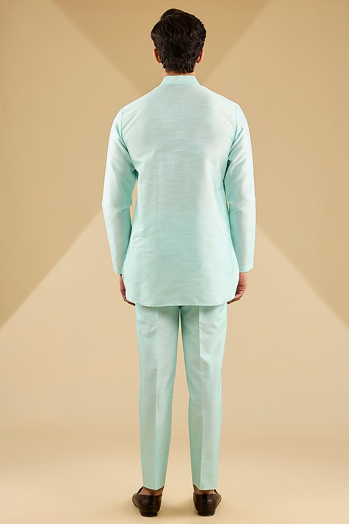 Aqua Blue Jacquard Embroidered Bundi Jacket Set by Zoop Men at Pernia's Pop Up Shop