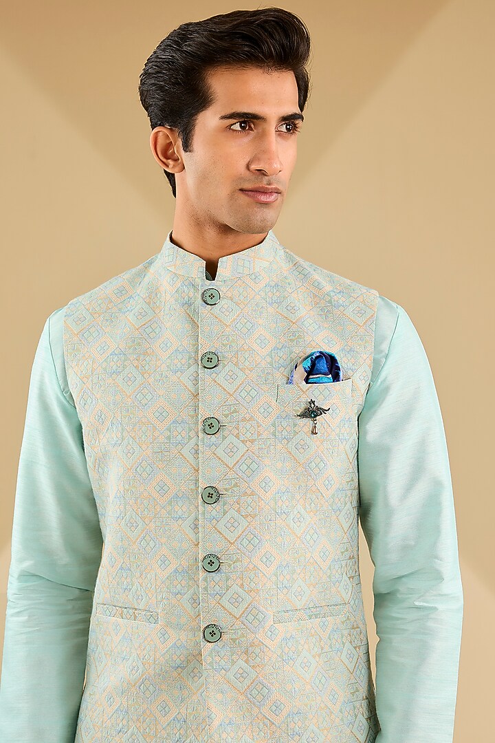 Aqua Blue Jacquard Embroidered Bundi Jacket Set by Zoop Men at Pernia's Pop Up Shop