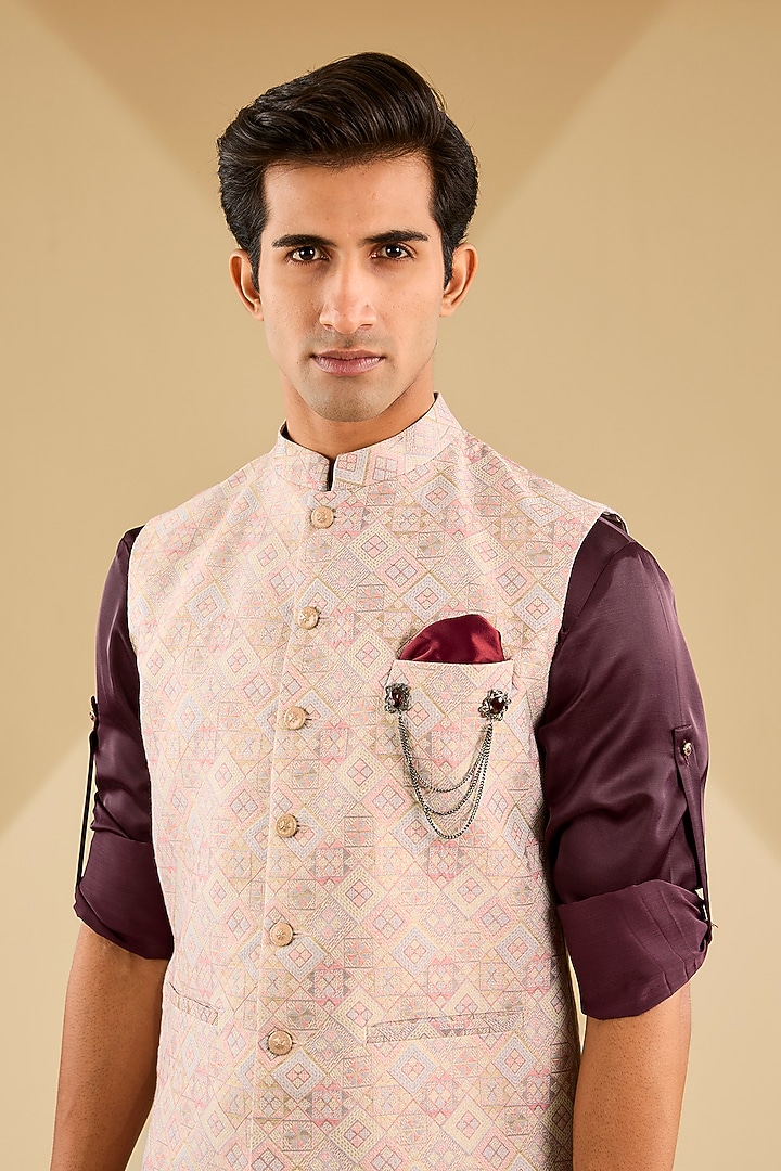 Pink Jacquard Embroidered Bundi Jacket Set by Zoop Men at Pernia's Pop Up Shop