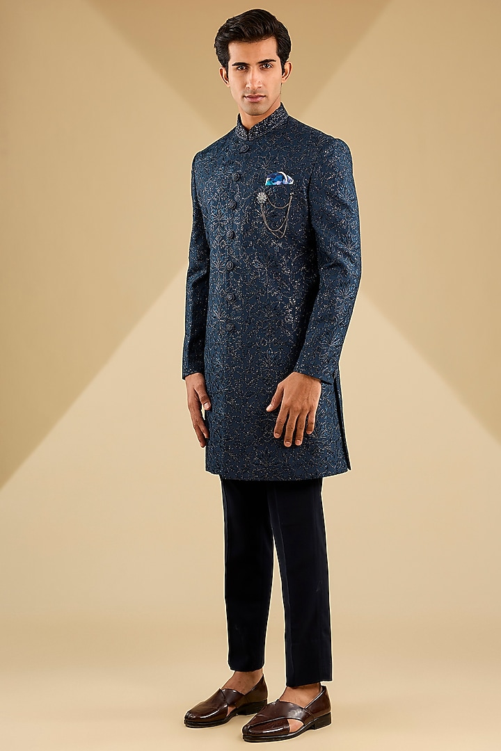 Blue Jacquard Embroidered Indo-Western Jacket Set by Zoop Men