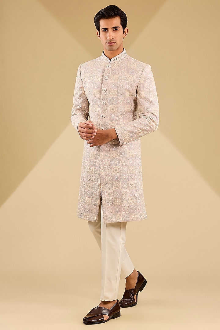 Pastel Pink Jacquard Silk Hand Embroidered Sherwani Set by Zoop Men