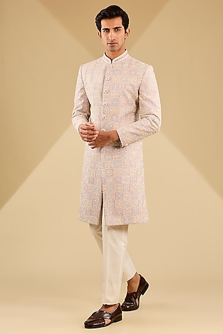 Pastel Pink Jacquard Silk Hand Embroidered Sherwani Set by Zoop Men