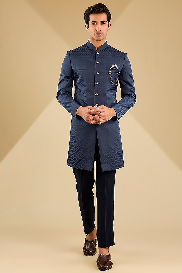 Blue Jacquard indo-Western Set by Zoop Men