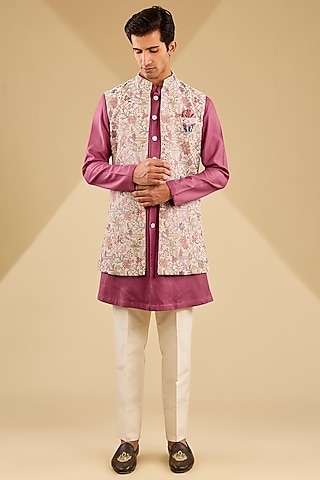 Multi-Colored Cotton Velvet Embroidered Indo-Western Set by Zoop Men