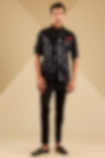 Black Cotton Velvet Embroidered Bundi Jacket Set by Zoop Men