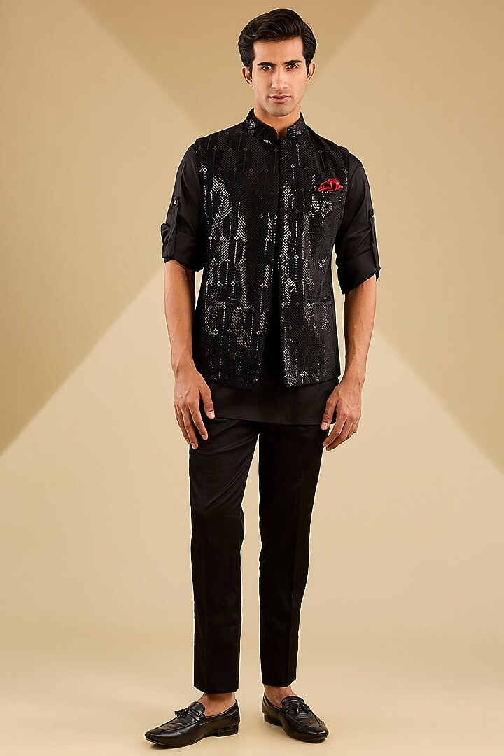 Black Cotton Velvet Embroidered Bundi Jacket Set by Zoop Men