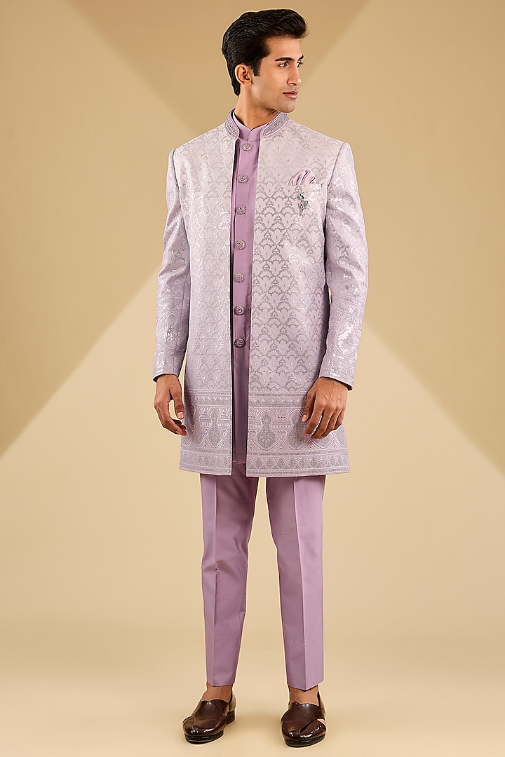 Lavender Jacquard Silk Embroidered Indo-Western Set by Zoop Men