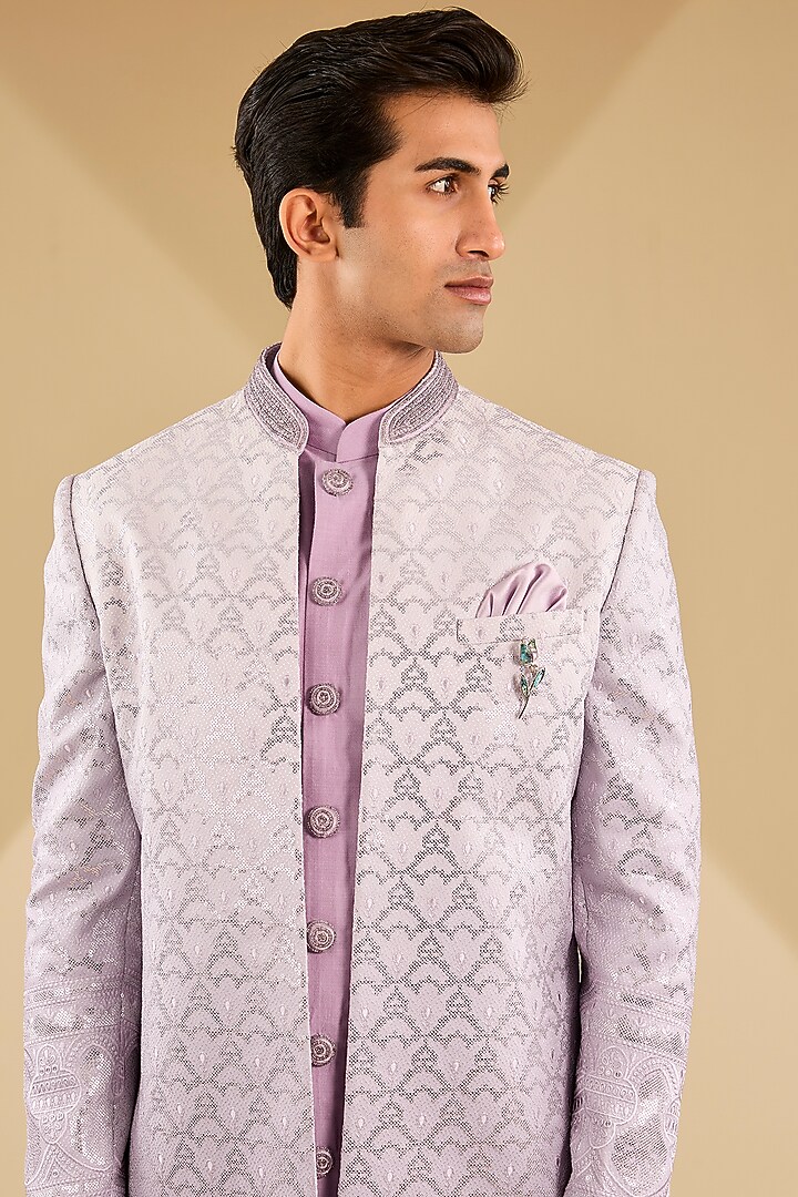 Lavender Jacquard Silk Embroidered Indo-Western Set by Zoop Men at Pernia's Pop Up Shop