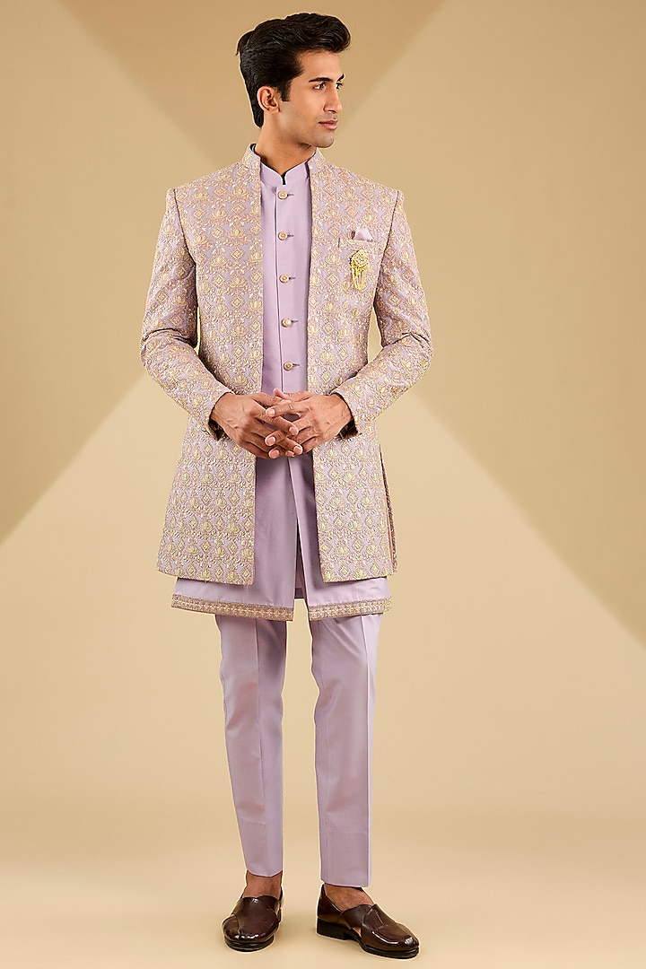 Lavender Jacquard Silk Embroidered Indo-Western Set by Zoop Men
