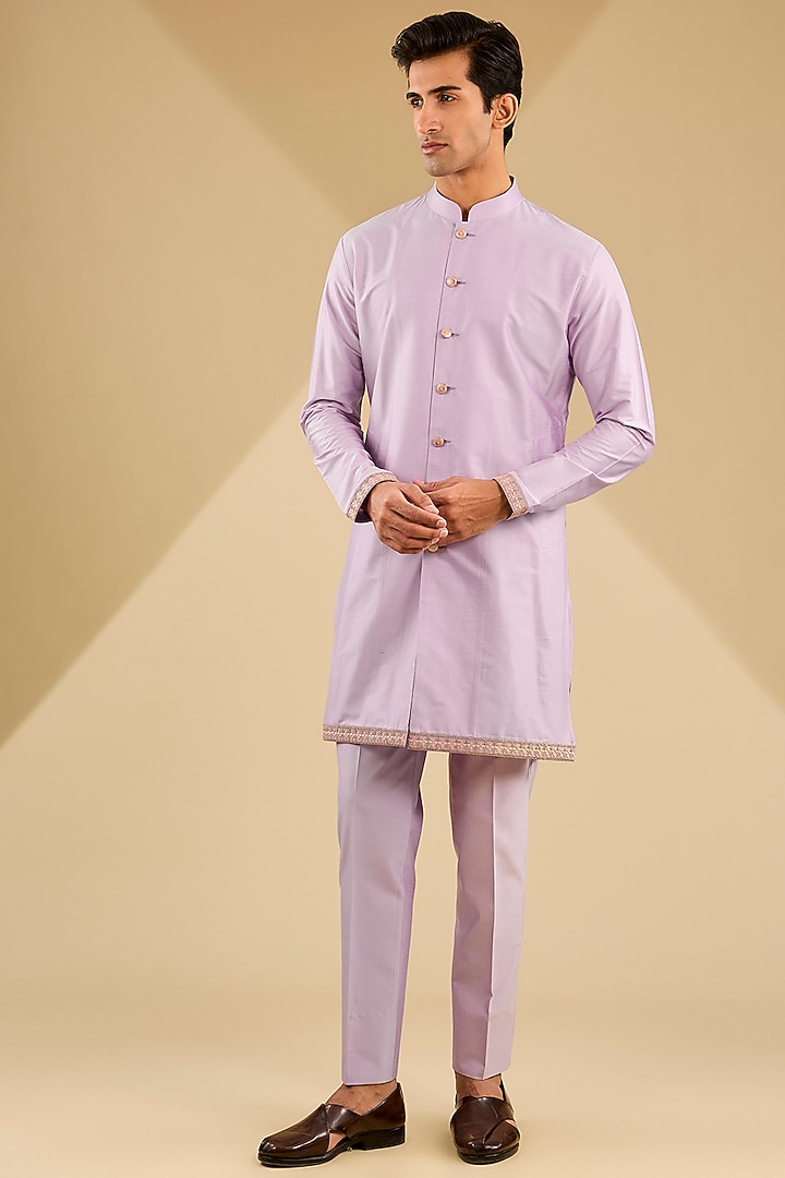 Lavender Jacquard Silk Embroidered Indo-Western Set by Zoop Men at Pernia's Pop Up Shop