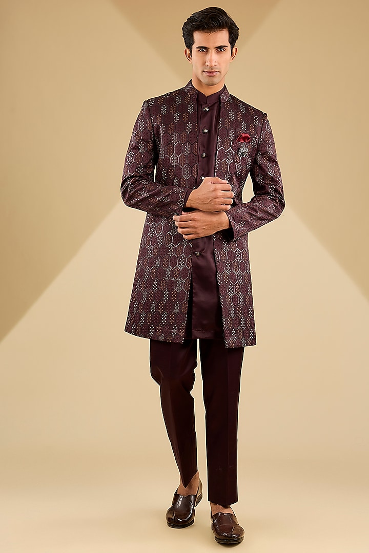 Wine Jacquard Silk Embroidered Indo-Western Set by Zoop Men at Pernia's Pop Up Shop