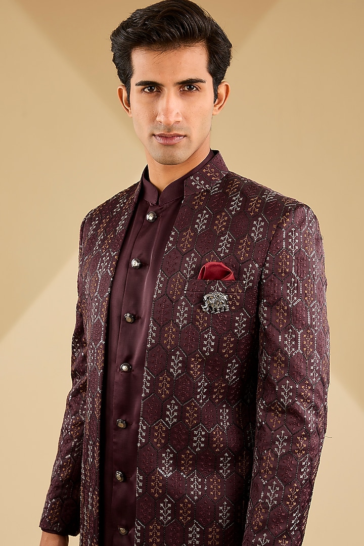 Wine Jacquard Silk Embroidered Indo-Western Set by Zoop Men at Pernia's Pop Up Shop