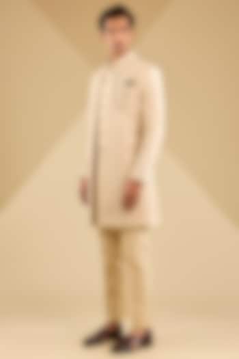 Beige Velvet Jacquard Embroidered Indo-Western Set by Zoop Men