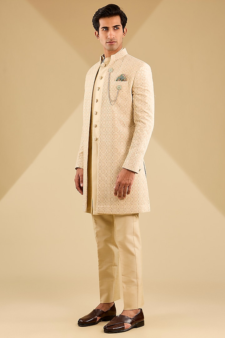 Beige Velvet Jacquard Embroidered Indo-Western Set by Zoop Men