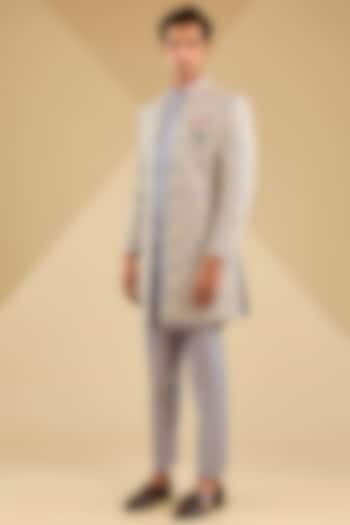 Powder Blue Jacquard Silk Embroidered Indo-Western Set by Zoop Men