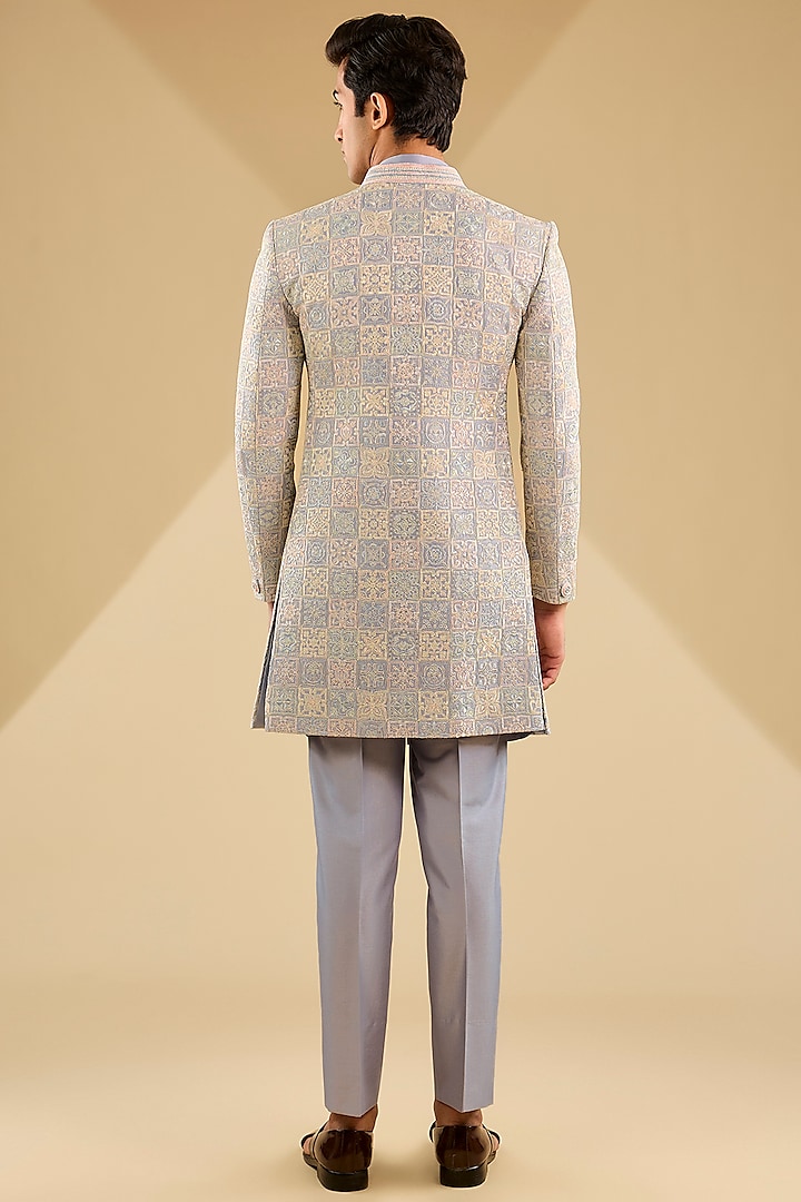 Powder Blue Jacquard Silk Embroidered Indo-Western Set by Zoop Men at Pernia's Pop Up Shop