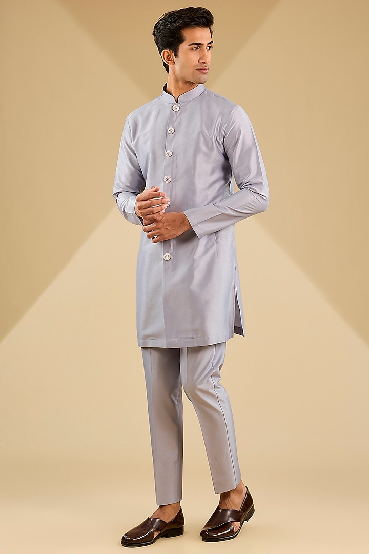 Powder Blue Jacquard Silk Embroidered Indo-Western Set by Zoop Men at Pernia's Pop Up Shop