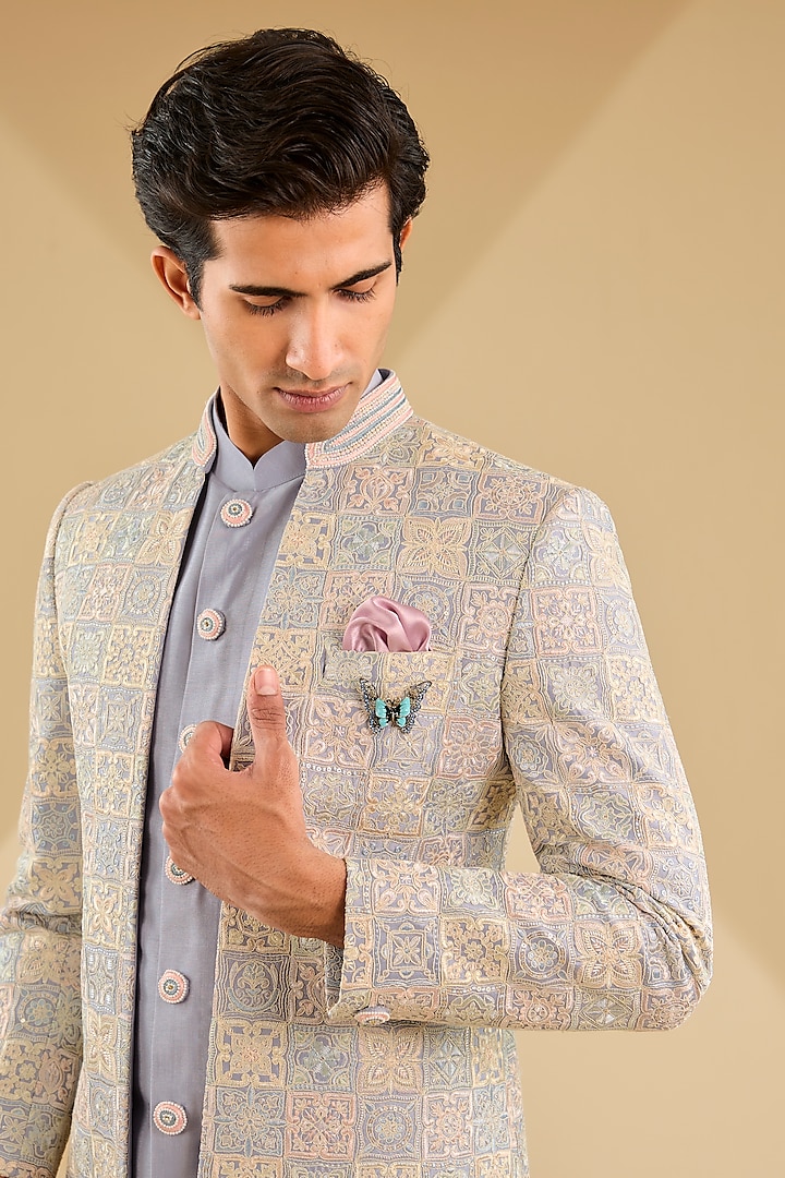 Powder Blue Jacquard Silk Embroidered Indo-Western Set by Zoop Men at Pernia's Pop Up Shop