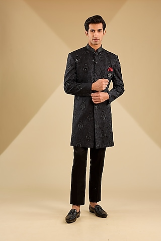 Black Banarasi Silk Hand Embroidered Indo-Western Set by Zoop Men