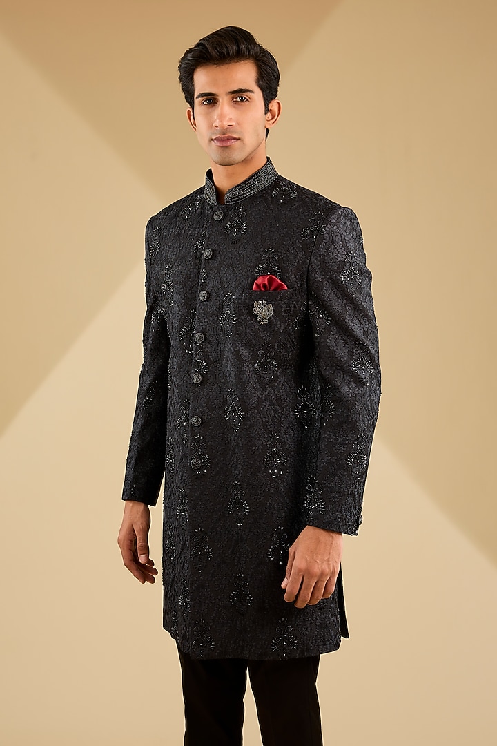 Black Banarasi Silk Hand Embroidered Indo-Western Set by Zoop Men at Pernia's Pop Up Shop