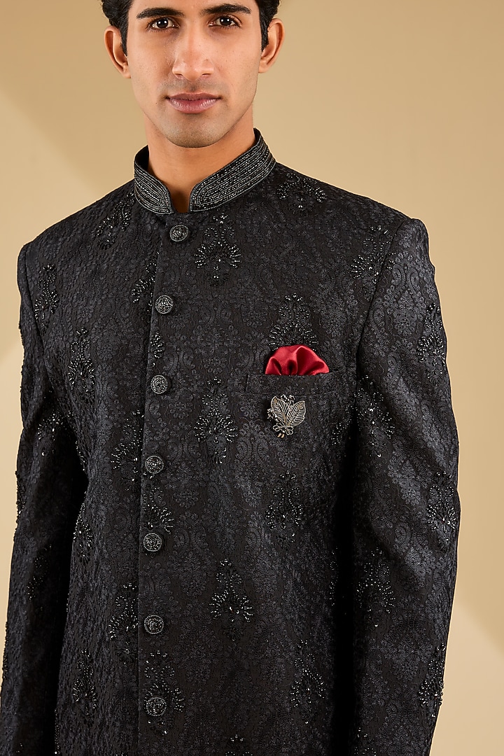 Black Banarasi Silk Hand Embroidered Indo-Western Set by Zoop Men at Pernia's Pop Up Shop