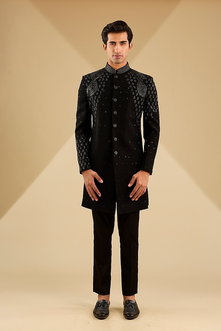 Black Japanese Satin Silk Lycra Cutdana Embroidered Indo-Western Set by Zoop Men