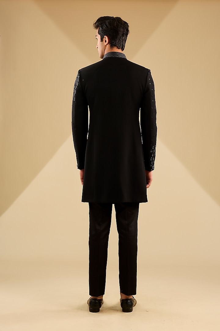 Black Japanese Satin Silk Lycra Cutdana Embroidered Indo-Western Set by Zoop Men at Pernia's Pop Up Shop