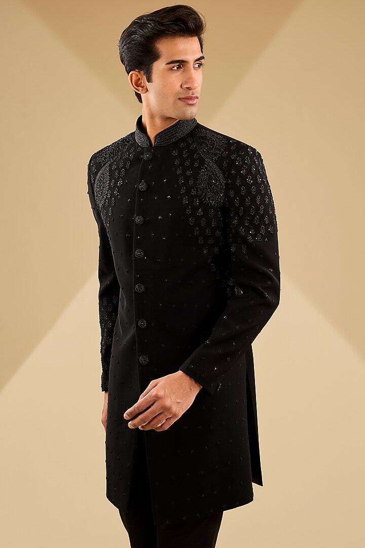 Black Japanese Satin Silk Lycra Cutdana Embroidered Indo-Western Set by Zoop Men at Pernia's Pop Up Shop