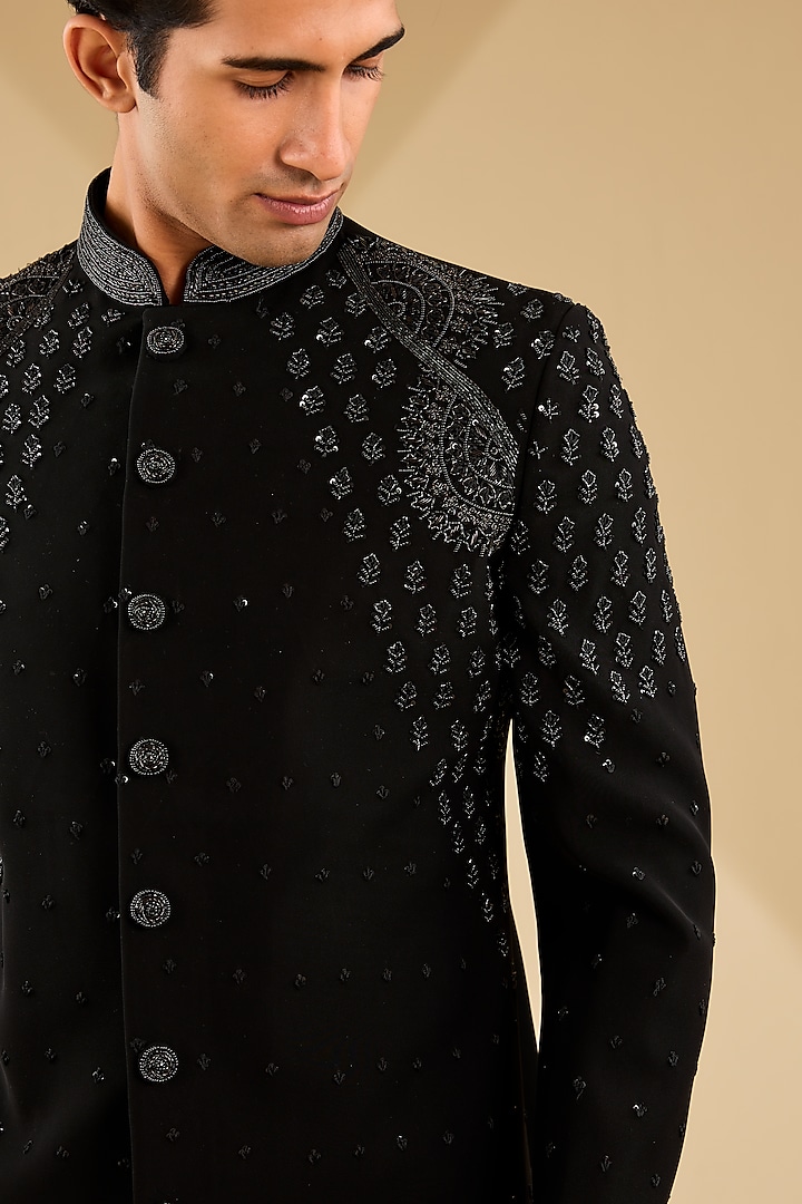 Black Japanese Satin Silk Lycra Cutdana Embroidered Indo-Western Set by Zoop Men at Pernia's Pop Up Shop
