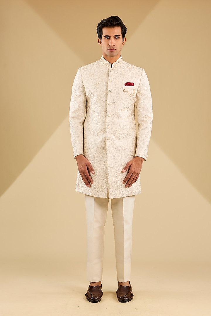 Ivory & Gold Jacquard Silk Embroidered Indo-Western Set by Zoop Men