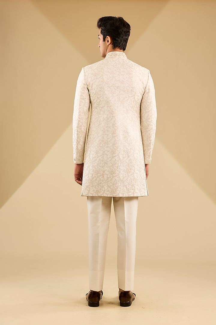 Ivory & Gold Jacquard Silk Embroidered Indo-Western Set by Zoop Men at Pernia's Pop Up Shop