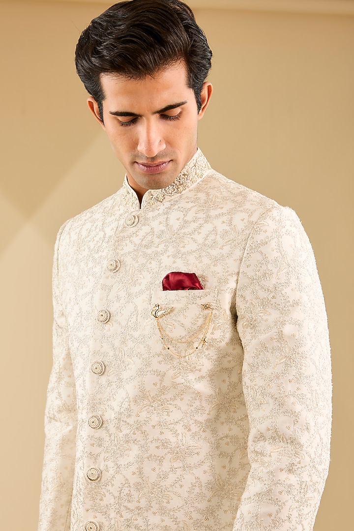 Ivory & Gold Jacquard Silk Embroidered Indo-Western Set by Zoop Men at Pernia's Pop Up Shop