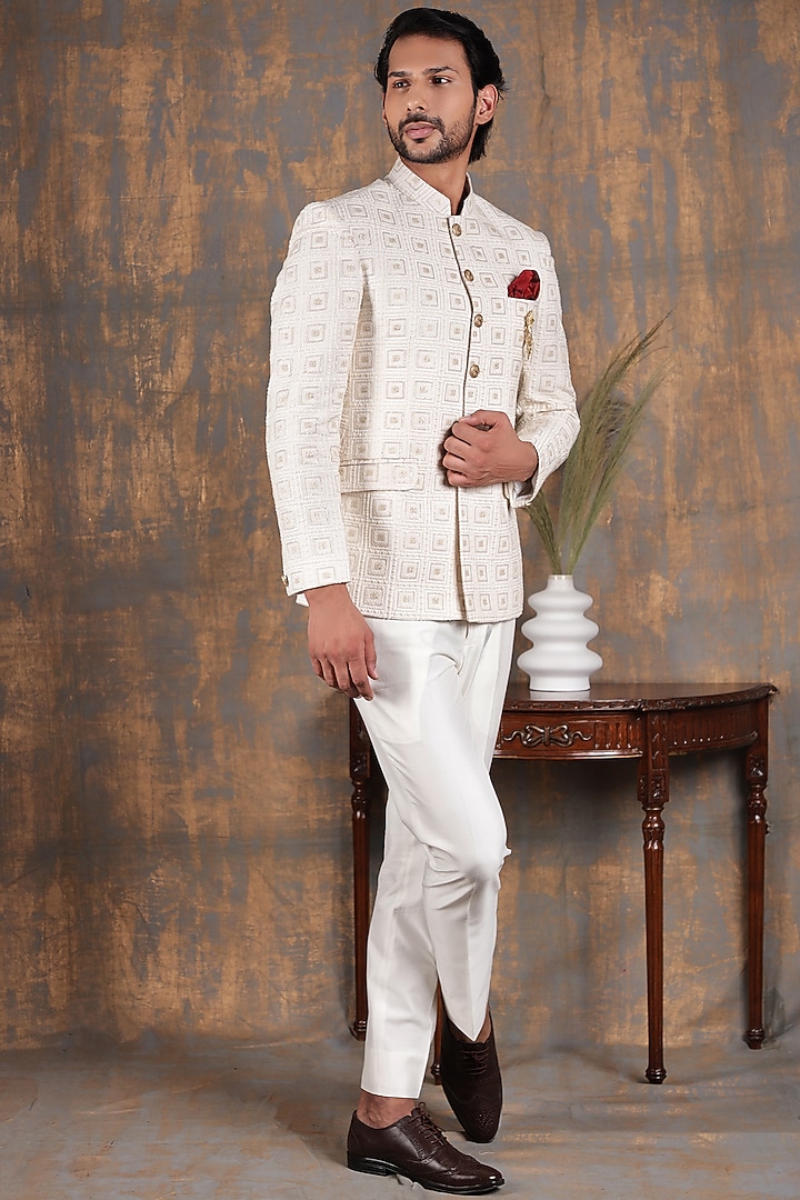 Cream Cotton Silk Embroidered Bandhgala Set by Zoop Men at Pernia's Pop Up Shop
