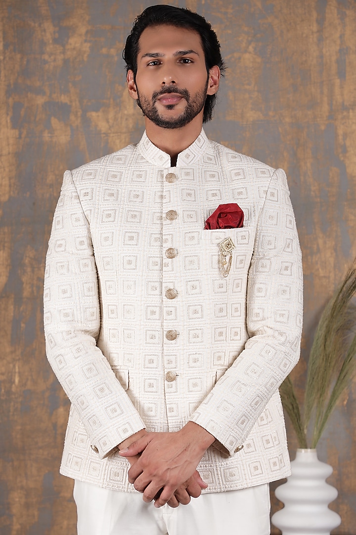 Cream Cotton Silk Embroidered Bandhgala Set by Zoop Men at Pernia's Pop Up Shop