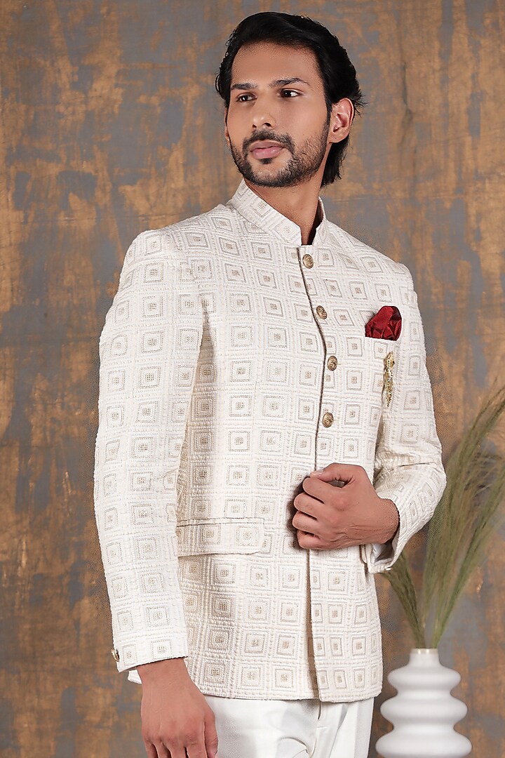 Cream Cotton Silk Embroidered Bandhgala Set by Zoop Men at Pernia's Pop Up Shop