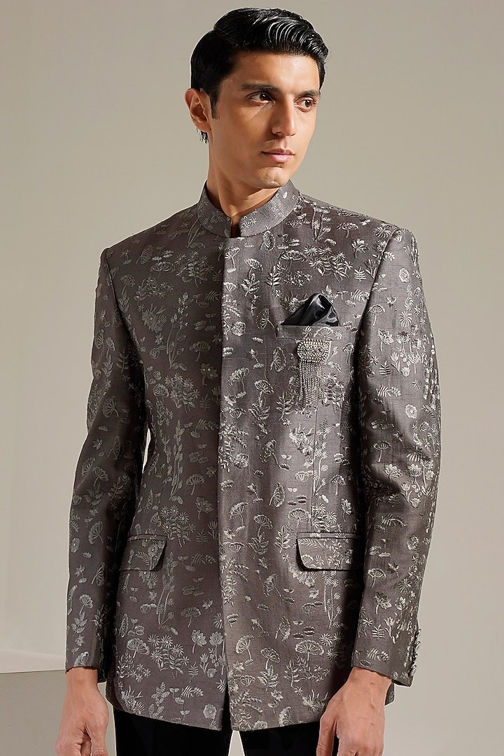 Grey Cotton Silk Embroidered Bandhgala Set by Zoop Men at Pernia's Pop Up Shop