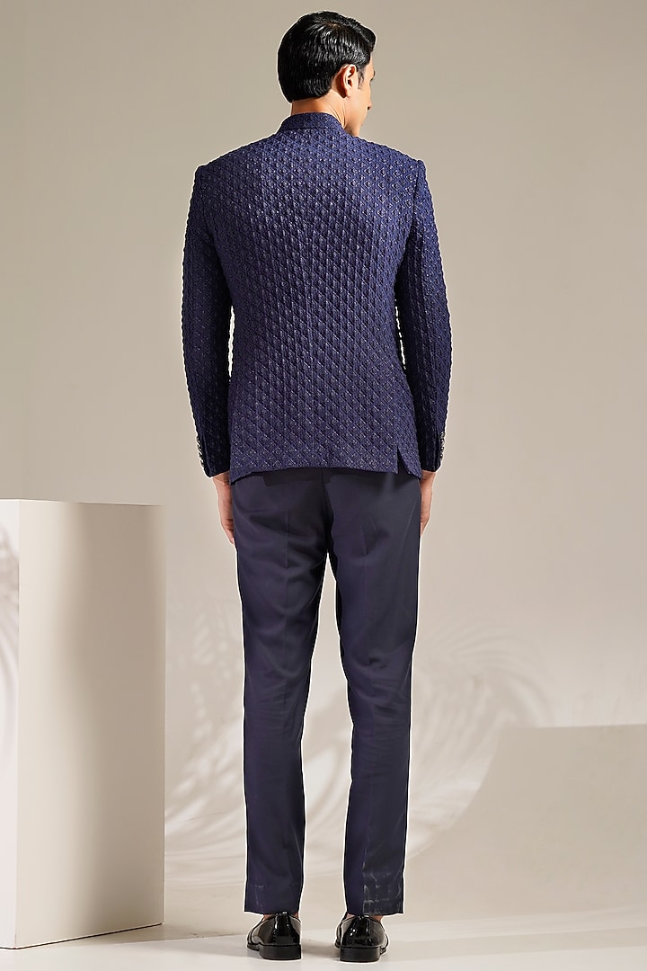 Blue Jacquard Bandhgala Set by Zoop Men at Pernia's Pop Up Shop