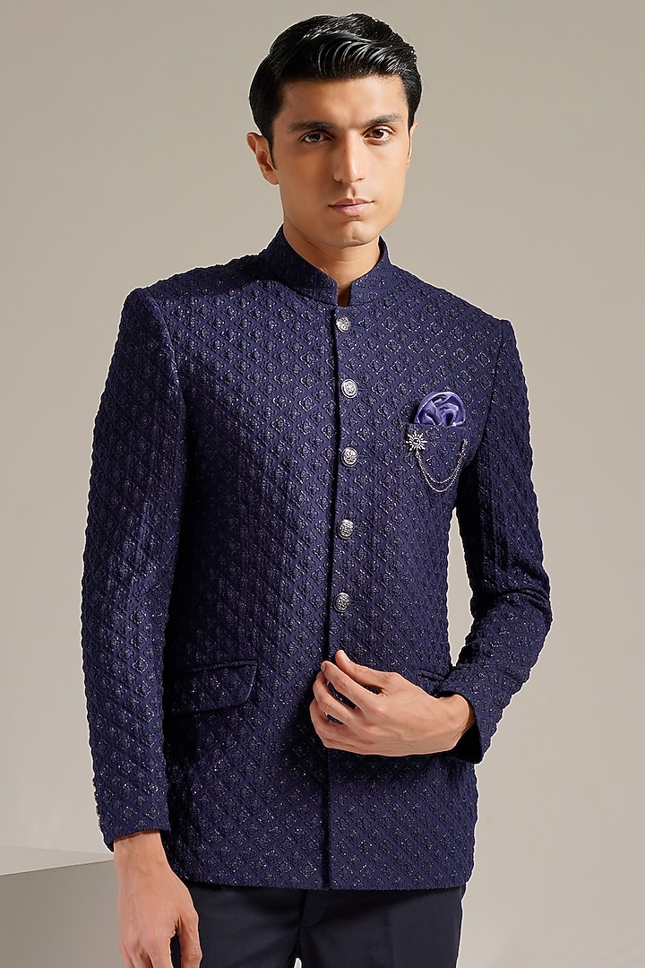 Blue Jacquard Bandhgala Set by Zoop Men at Pernia's Pop Up Shop