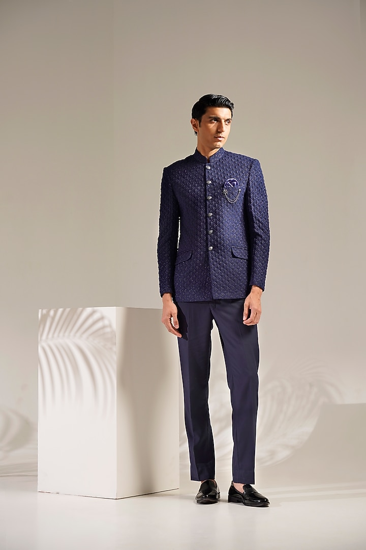 Blue Jacquard Bandhgala Set by Zoop Men at Pernia's Pop Up Shop
