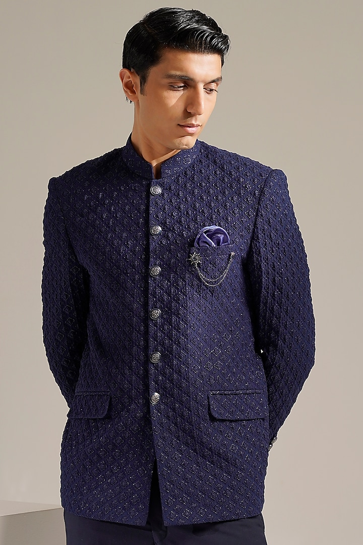 Blue Jacquard Bandhgala Set by Zoop Men at Pernia's Pop Up Shop