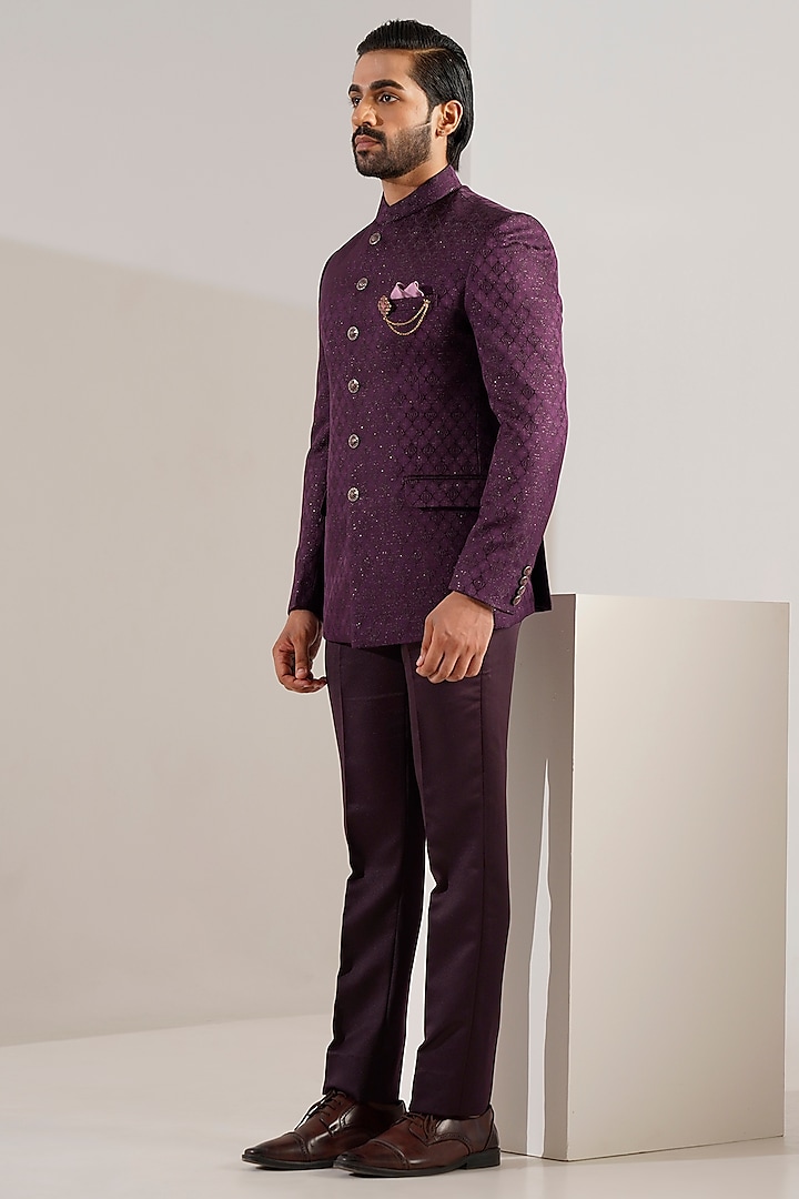 Purple Jacquard Bandhgala Set by Zoop Men