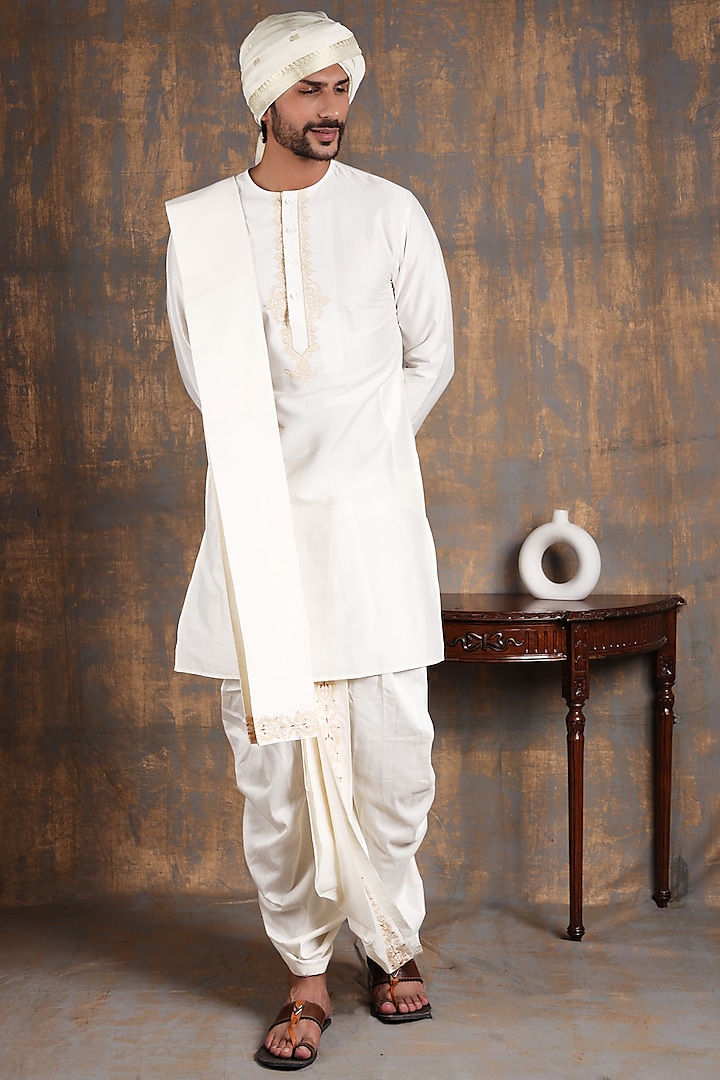 Cream Cotton Silk Embroidered Kurta Set by Zoop Men