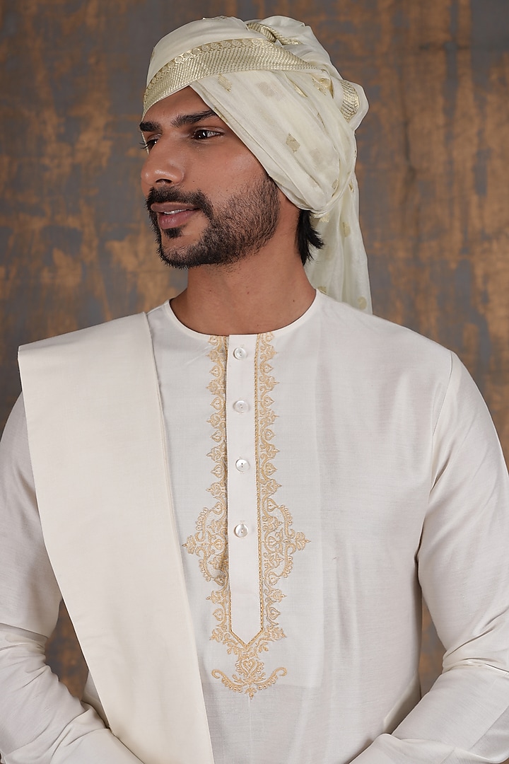 Cream Cotton Silk Embroidered Kurta Set by Zoop Men at Pernia's Pop Up Shop